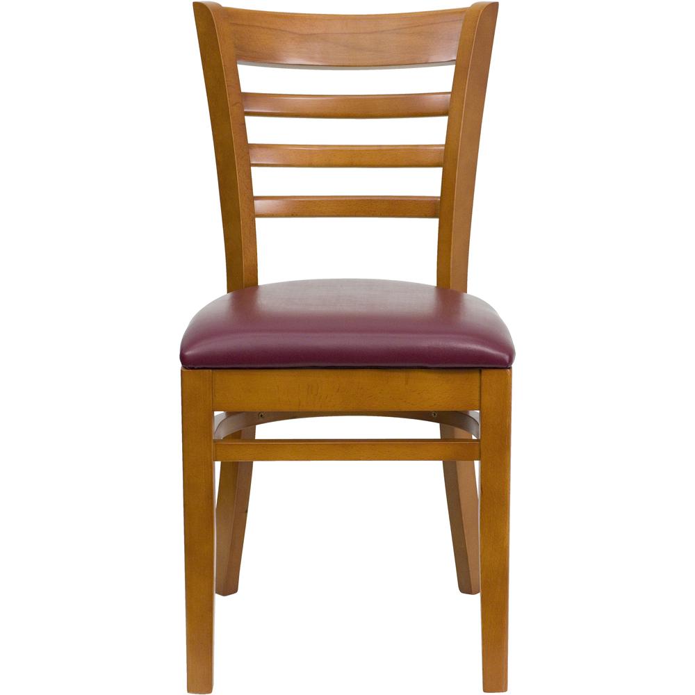 Ladder Back Cherry Wood Restaurant Chair - Burgundy Vinyl Seat. Picture 4