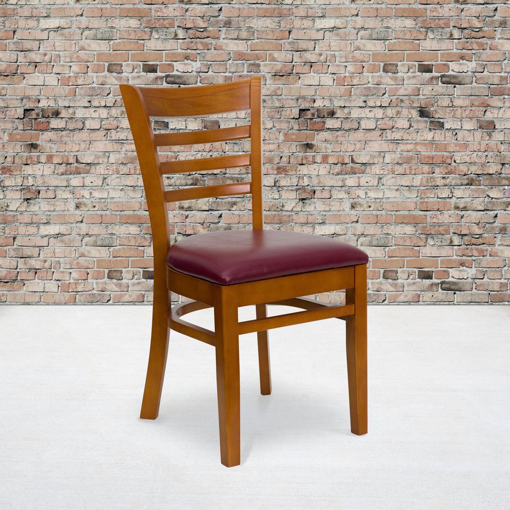 Ladder Back Cherry Wood Restaurant Chair - Burgundy Vinyl Seat. Picture 5