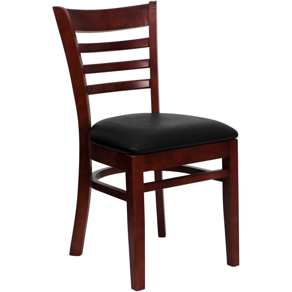 Ladder Back Mahogany Wood Restaurant Chair - Black Vinyl Seat. Picture 1