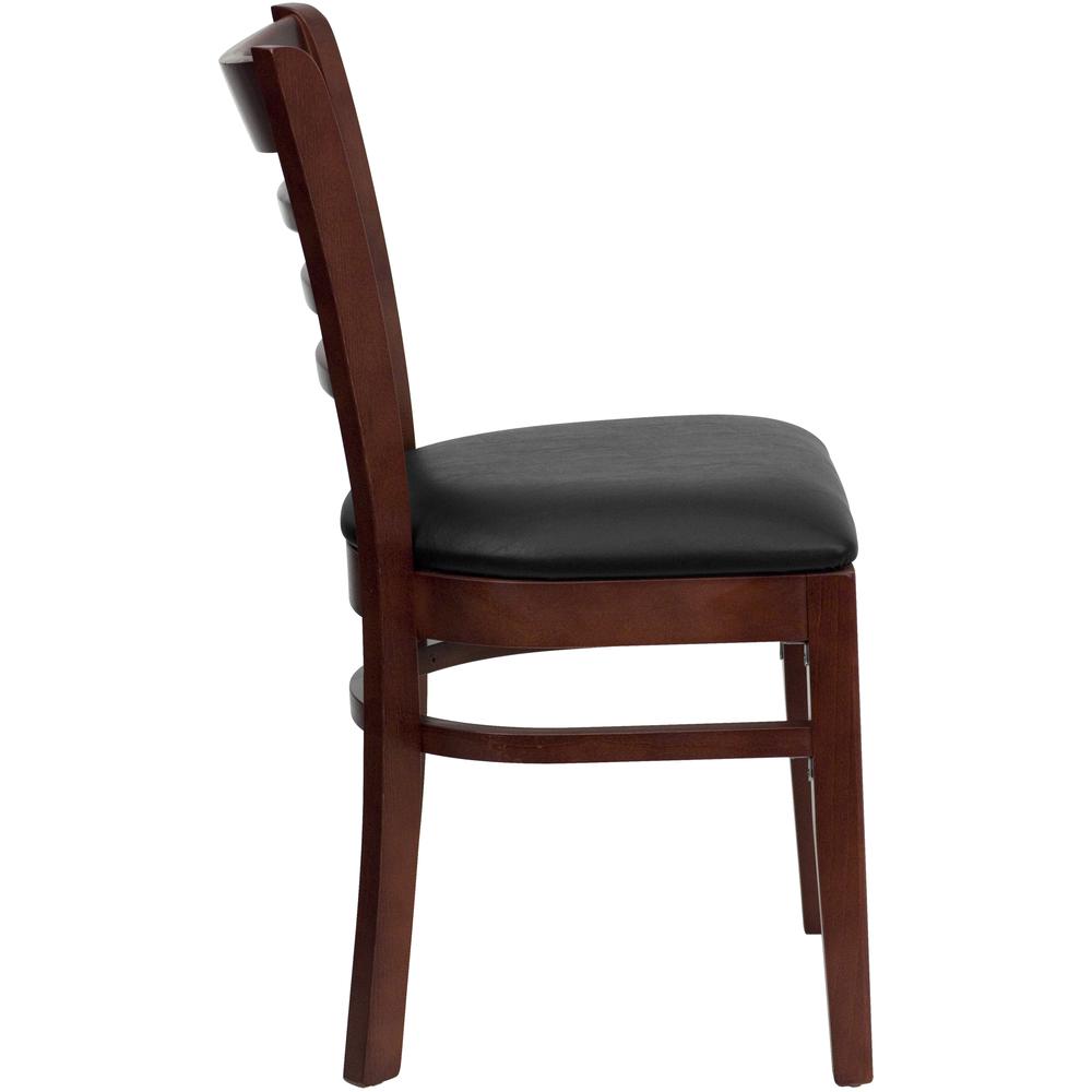 Ladder Back Mahogany Wood Restaurant Chair - Black Vinyl Seat. Picture 3