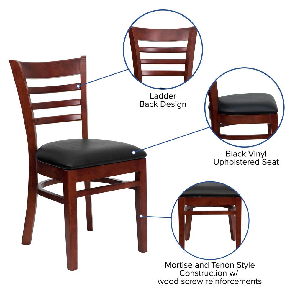 Ladder Back Mahogany Wood Restaurant Chair - Black Vinyl Seat. Picture 6