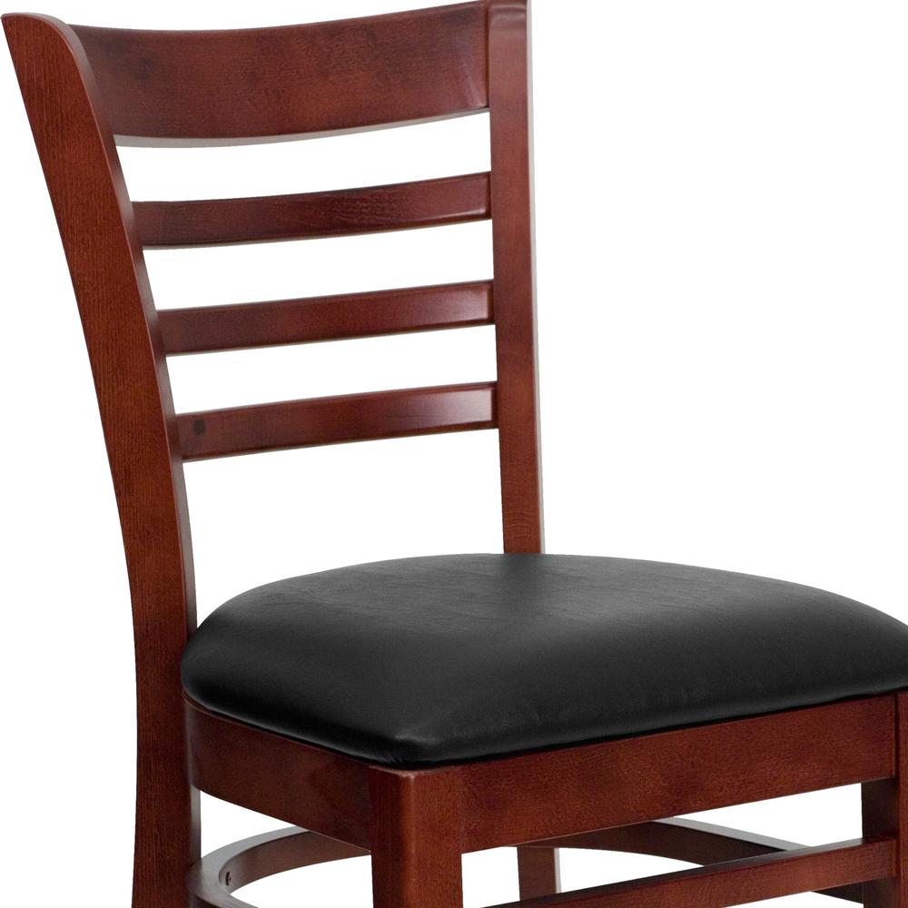 Ladder Back Mahogany Wood Restaurant Chair - Black Vinyl Seat. Picture 7
