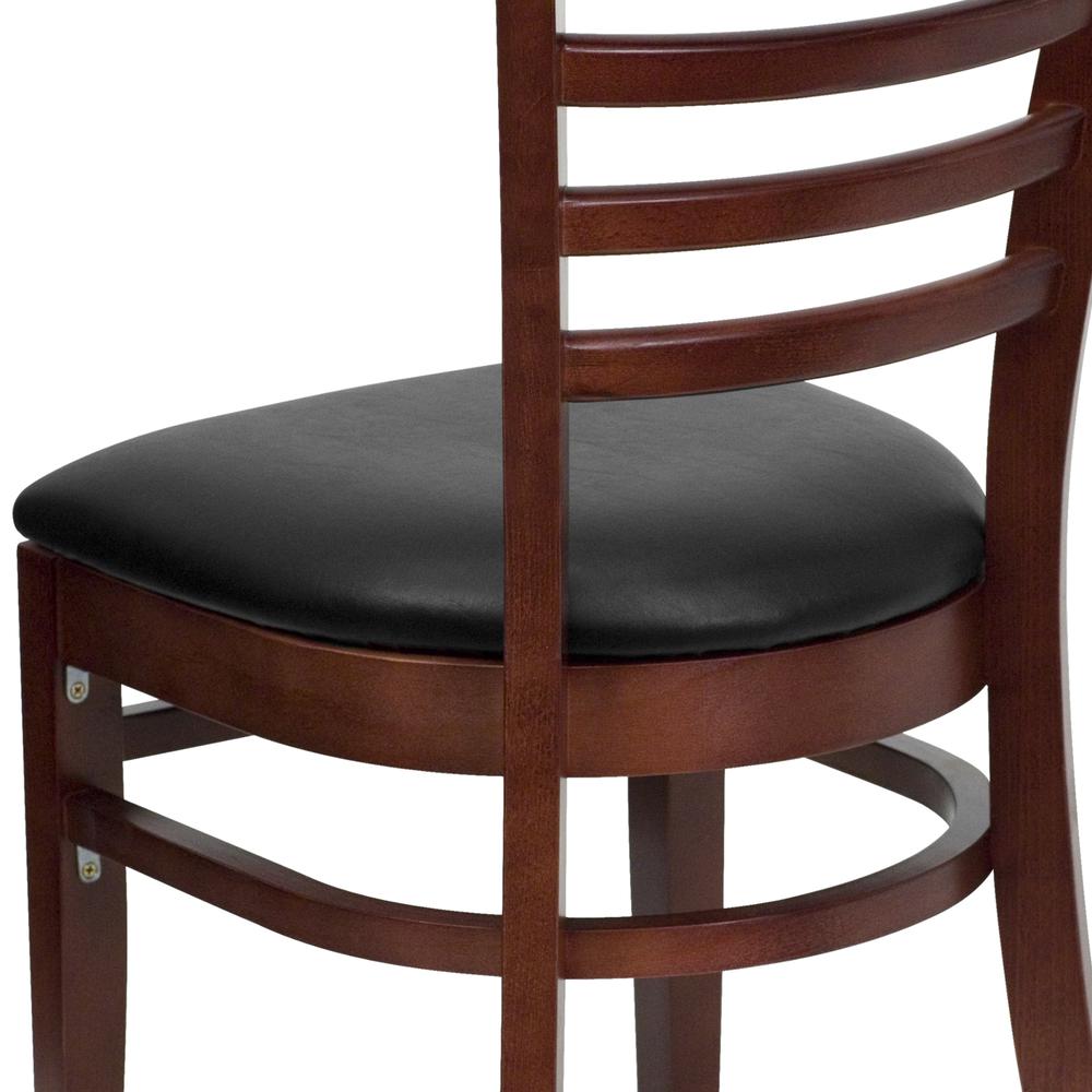 Ladder Back Mahogany Wood Restaurant Chair - Black Vinyl Seat. Picture 8