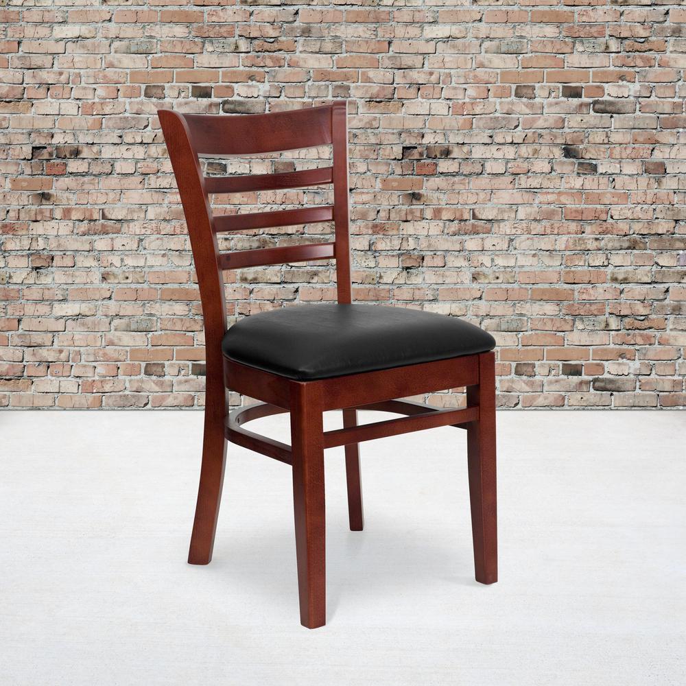 Ladder Back Mahogany Wood Restaurant Chair - Black Vinyl Seat. Picture 9
