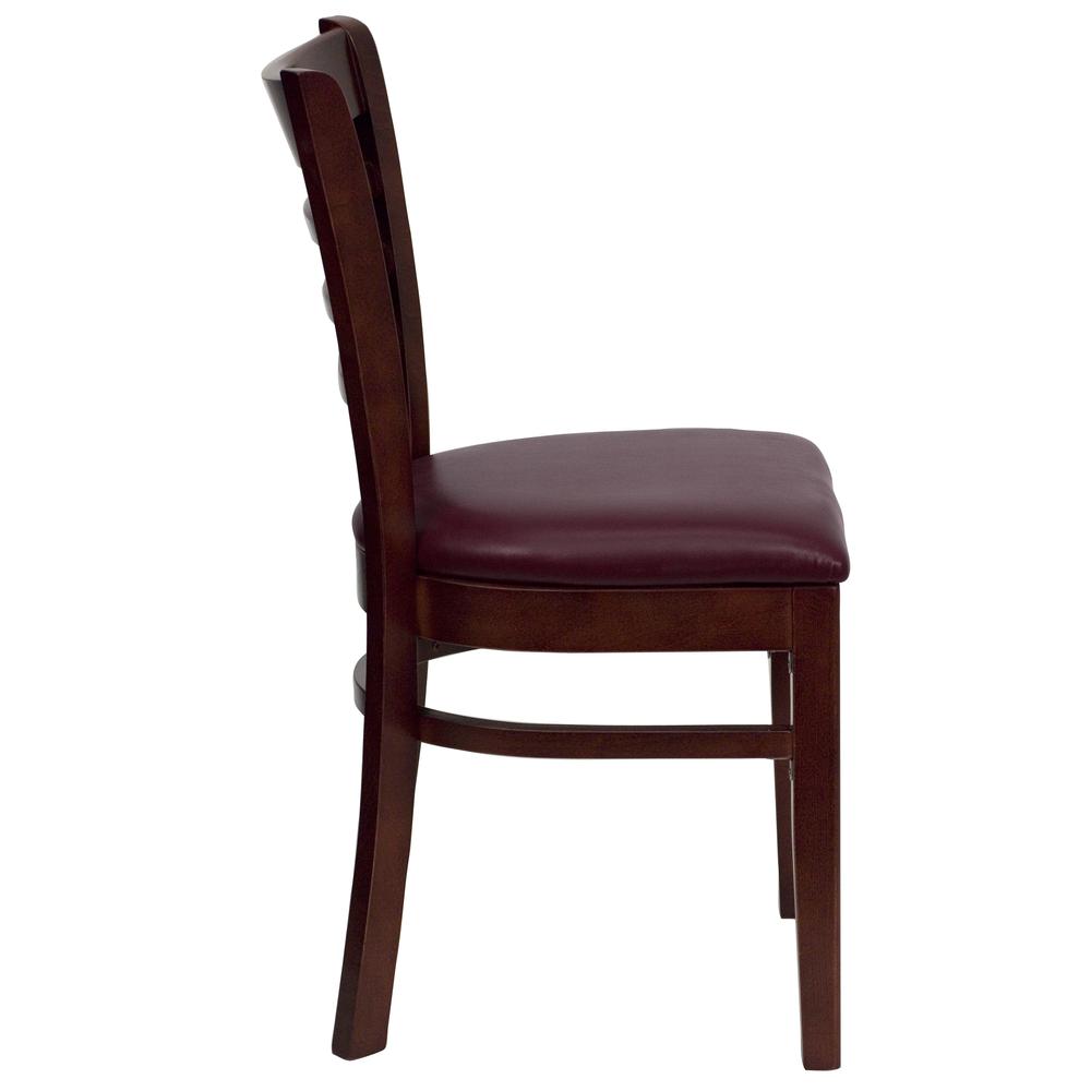 Ladder Back Mahogany Wood Restaurant Chair - Burgundy Vinyl Seat. Picture 2