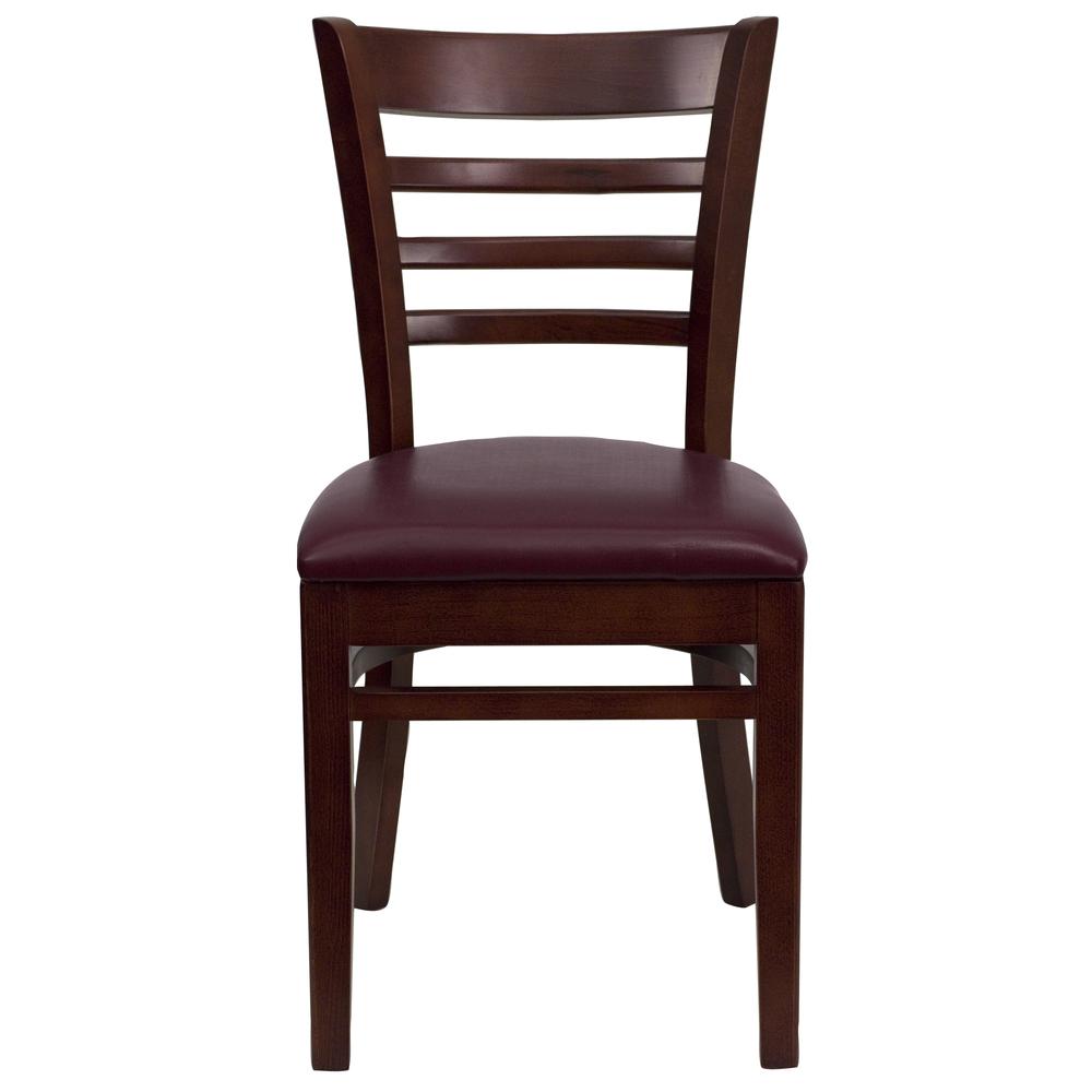 HERCULES Series Ladder Back Mahogany Wood Restaurant Chair - Burgundy Vinyl Seat. Picture 4