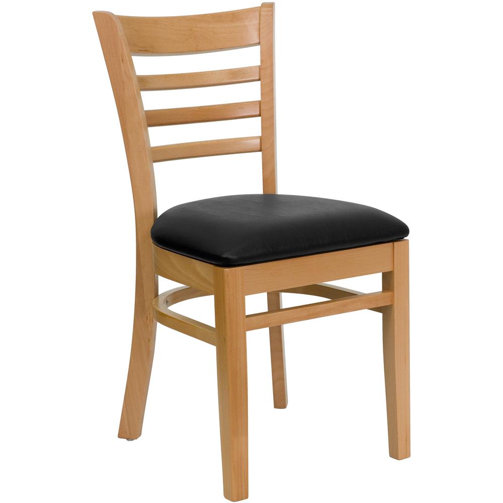 Ladder Back Natural Wood Restaurant Chair - Black Vinyl Seat. Picture 1