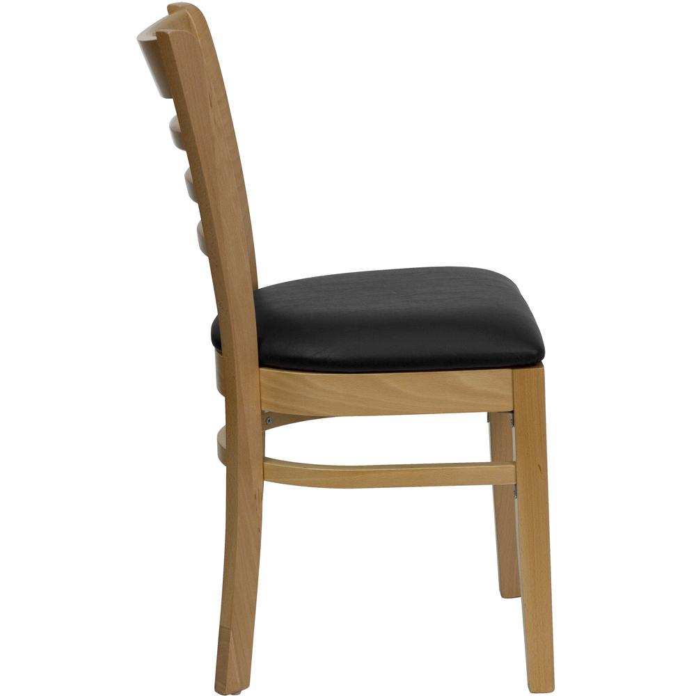 Ladder Back Natural Wood Restaurant Chair - Black Vinyl Seat. Picture 2