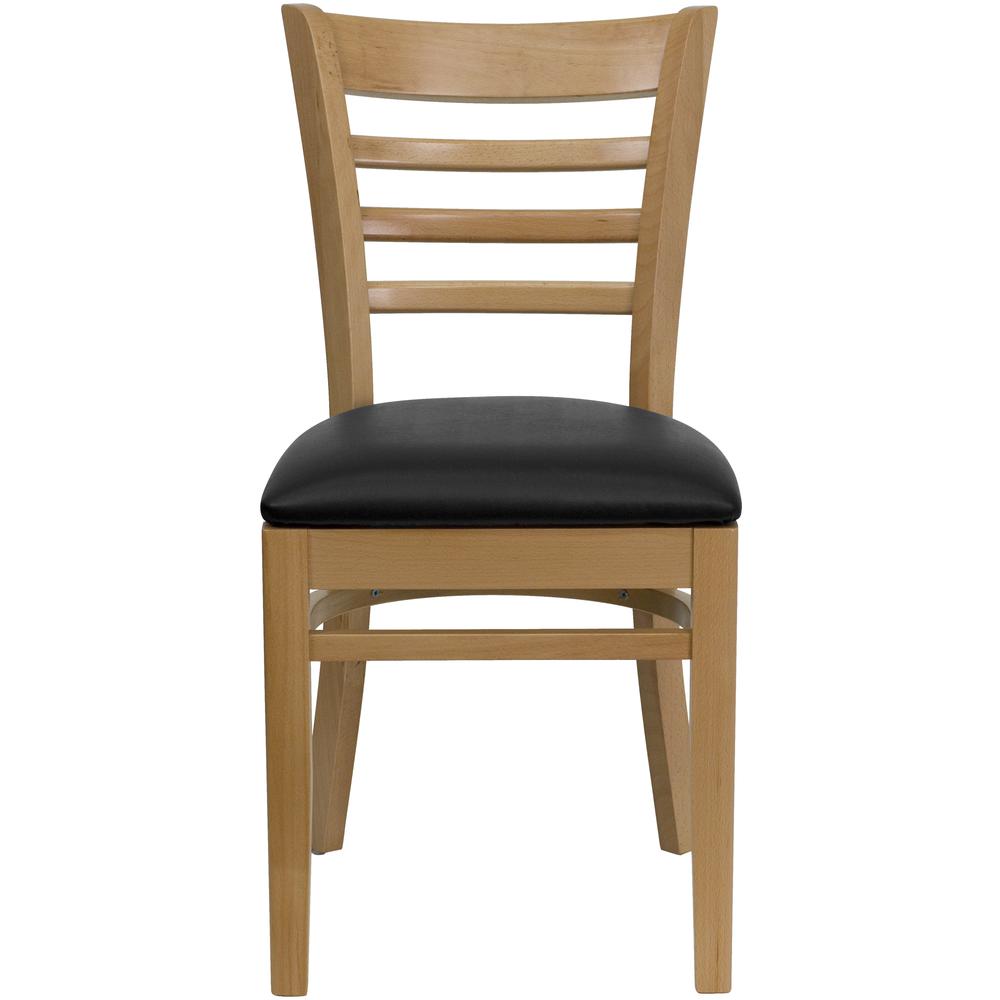 Ladder Back Natural Wood Restaurant Chair - Black Vinyl Seat. Picture 4