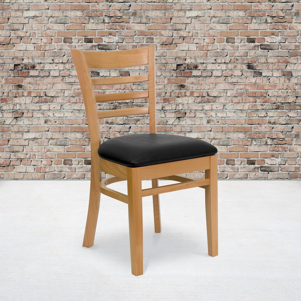 Ladder Back Natural Wood Restaurant Chair - Black Vinyl Seat. Picture 5