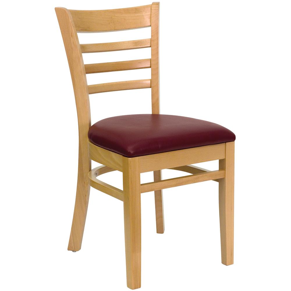 Ladder Back Natural Wood Restaurant Chair - Burgundy Vinyl Seat. Picture 1