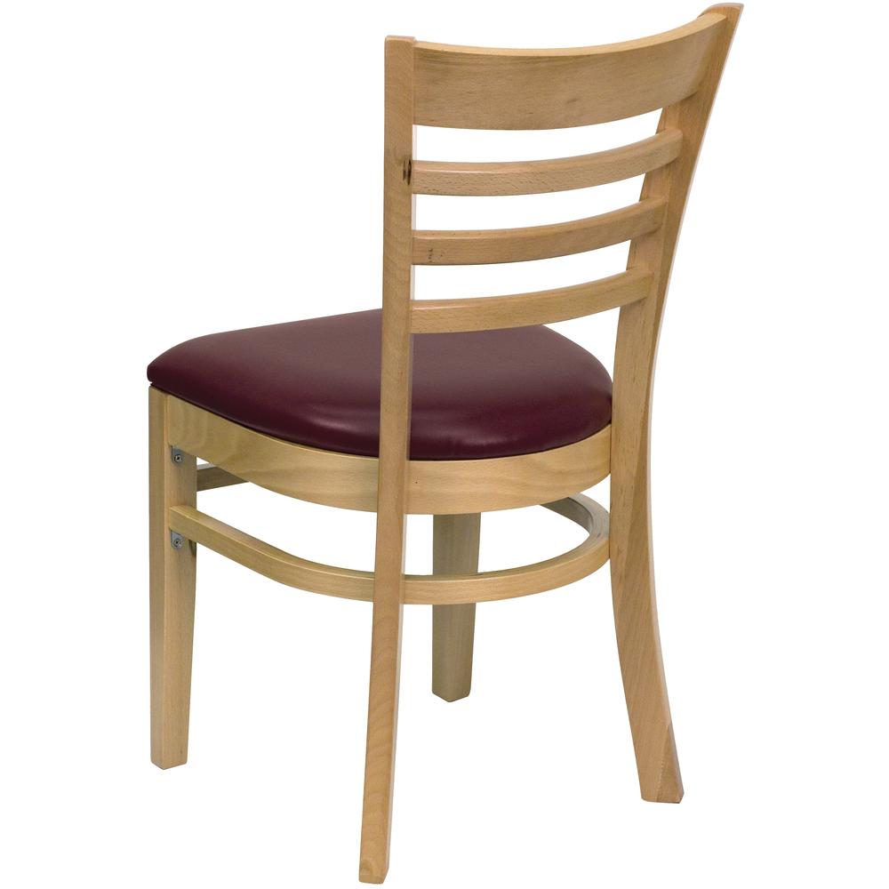 Ladder Back Natural Wood Restaurant Chair - Burgundy Vinyl Seat. Picture 3