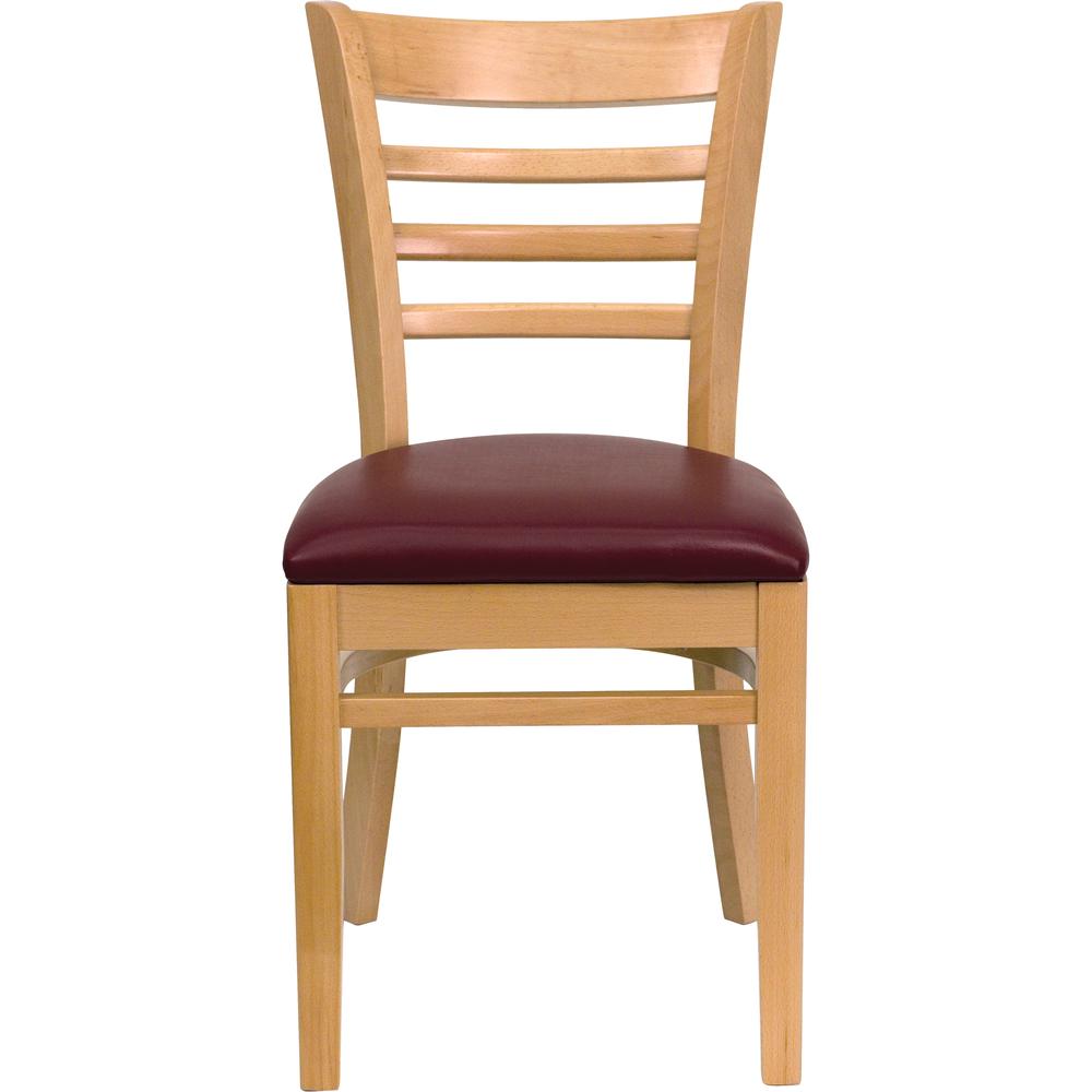 Ladder Back Natural Wood Restaurant Chair - Burgundy Vinyl Seat. Picture 4