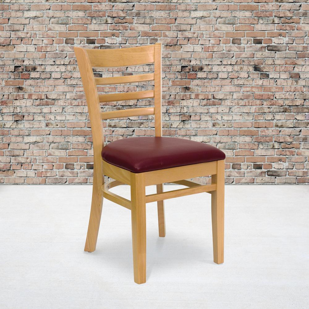 Ladder Back Natural Wood Restaurant Chair - Burgundy Vinyl Seat. Picture 5