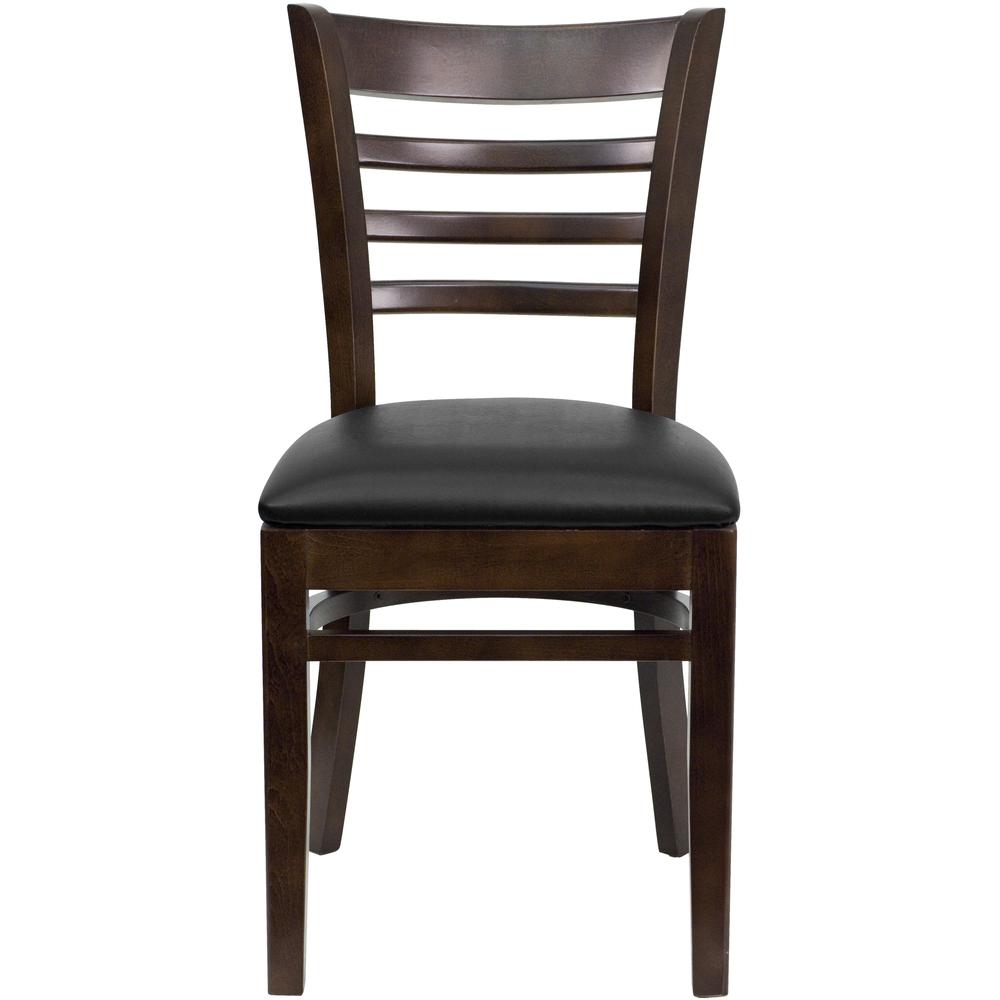 Ladder Back Walnut Wood Restaurant Chair - Black Vinyl Seat. Picture 4
