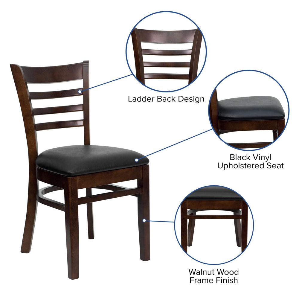 Ladder Back Walnut Wood Restaurant Chair - Black Vinyl Seat. Picture 5