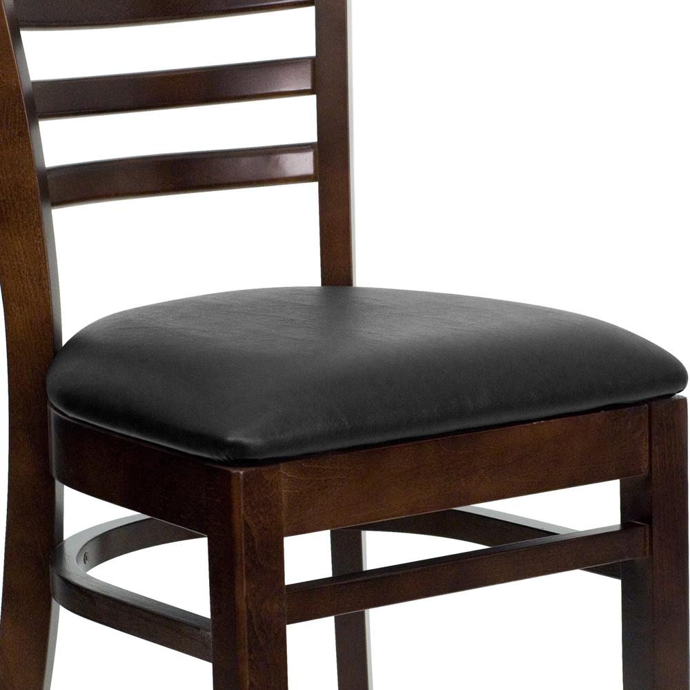 Ladder Back Walnut Wood Restaurant Chair - Black Vinyl Seat. Picture 6