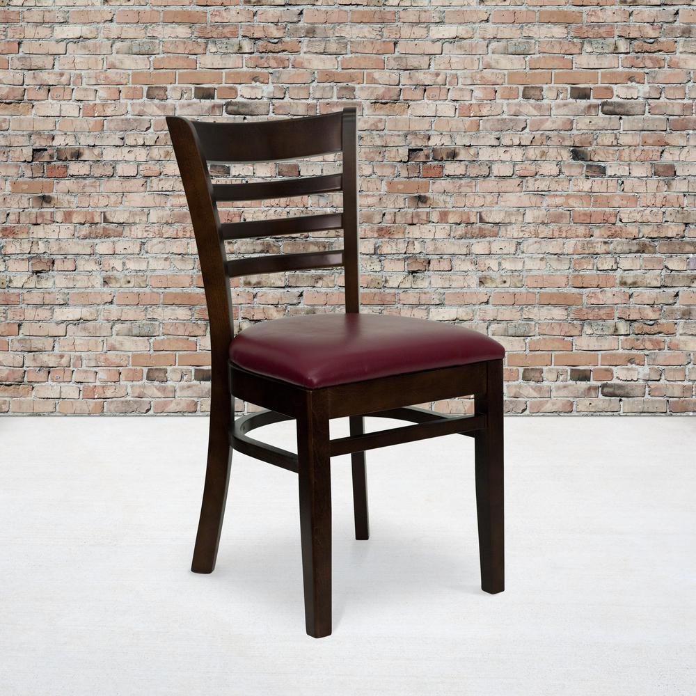 Ladder Back Walnut Wood Restaurant Chair - Burgundy Vinyl Seat. Picture 5