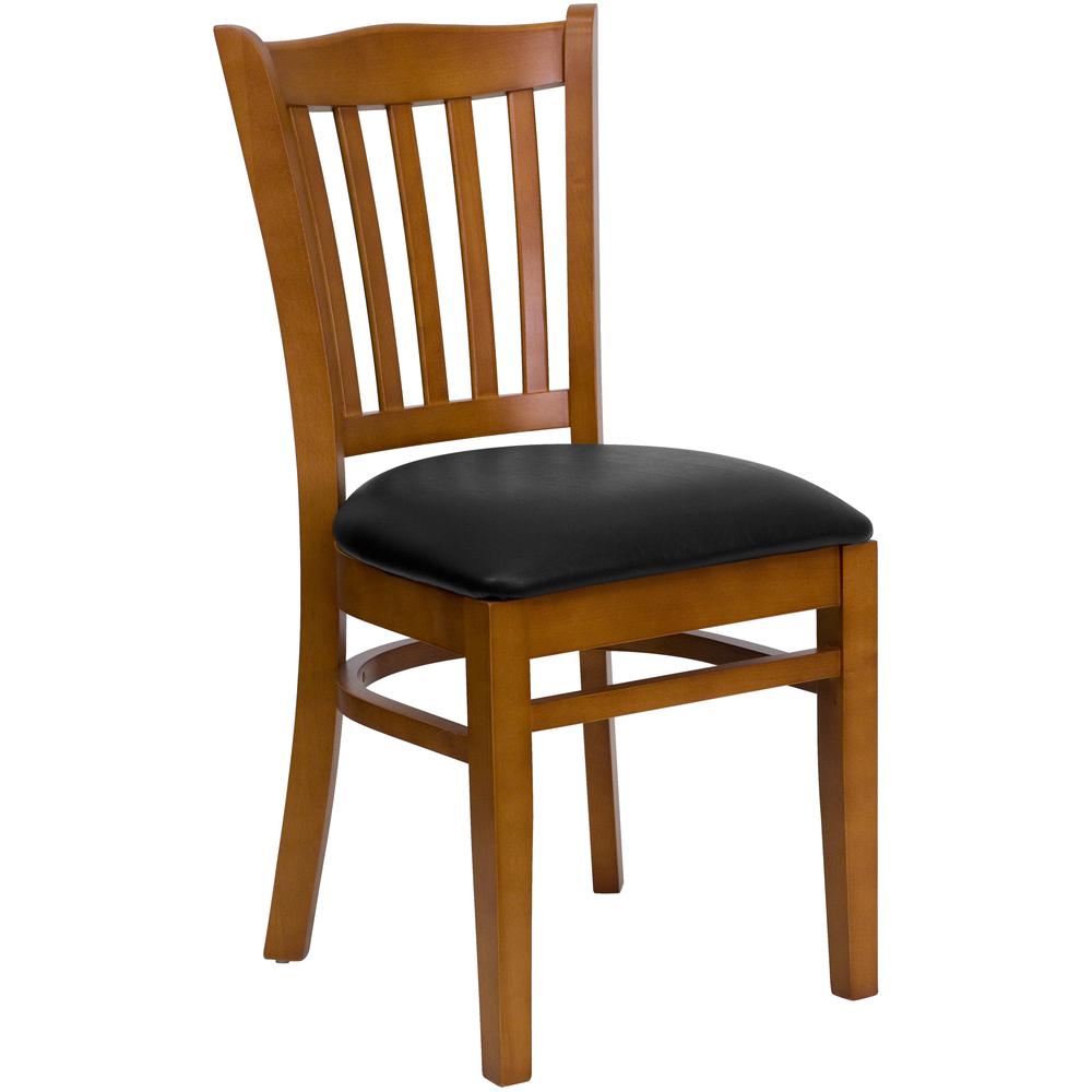 Vertical Slat Back Cherry Wood Restaurant Chair - Black Vinyl Seat. Picture 1