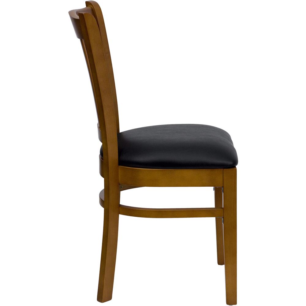 Vertical Slat Back Cherry Wood Restaurant Chair - Black Vinyl Seat. Picture 2