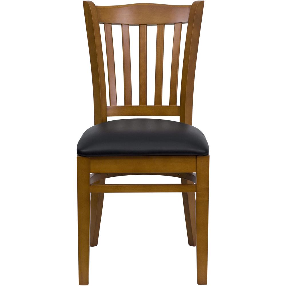 Vertical Slat Back Cherry Wood Restaurant Chair - Black Vinyl Seat. Picture 4