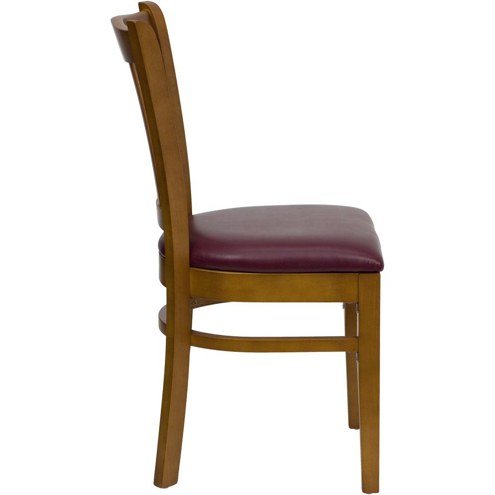 Vertical Slat Back Cherry Wood Restaurant Chair - Burgundy Vinyl Seat. Picture 2