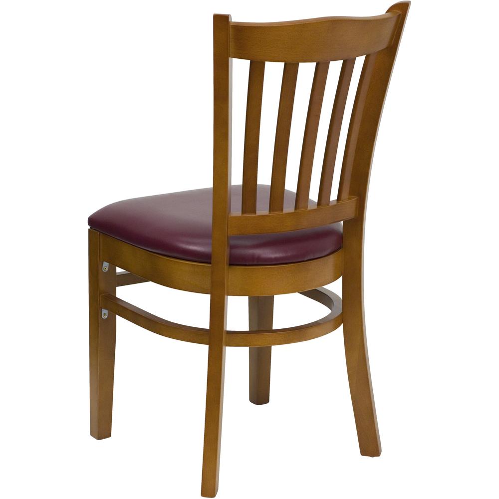 Vertical Slat Back Cherry Wood Restaurant Chair - Burgundy Vinyl Seat. Picture 3