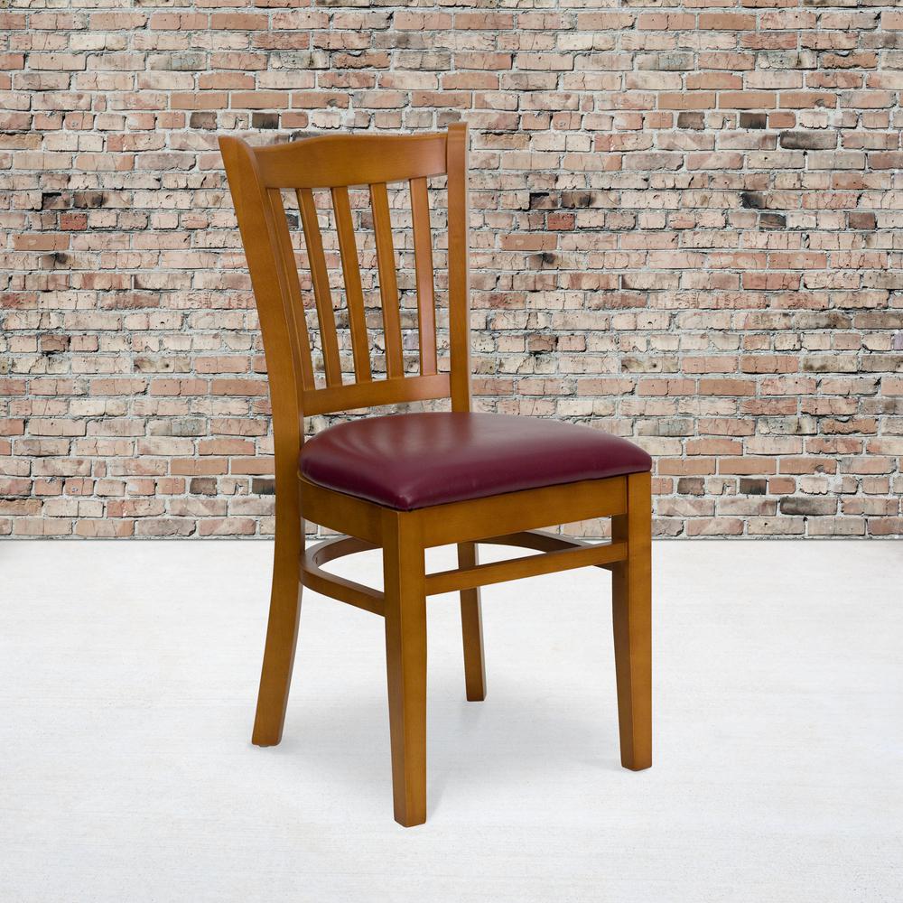 Vertical Slat Back Cherry Wood Restaurant Chair - Burgundy Vinyl Seat. Picture 5