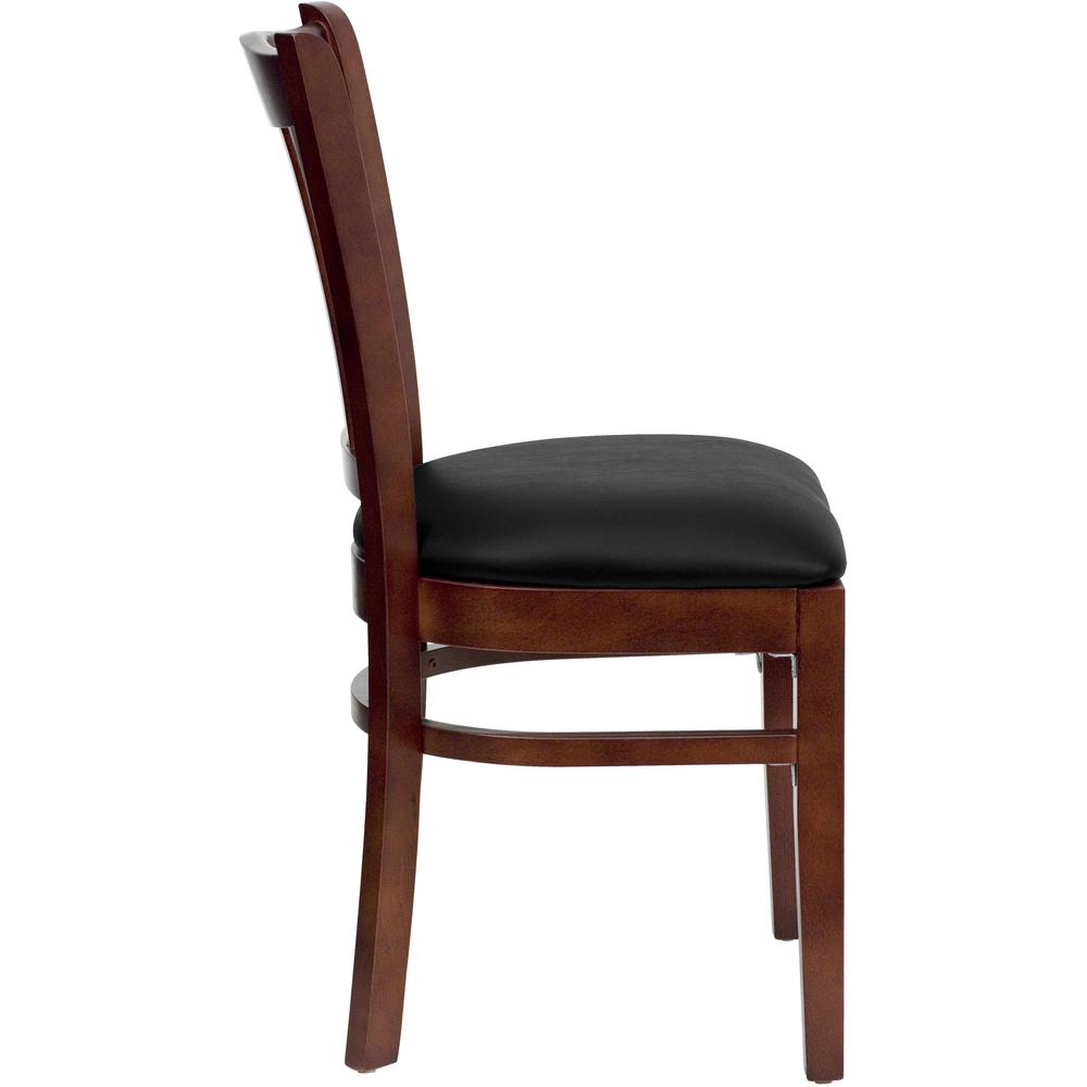 HERCULES Series Vertical Slat Back Mahogany Wood Restaurant Chair - Black Vinyl Seat. Picture 2