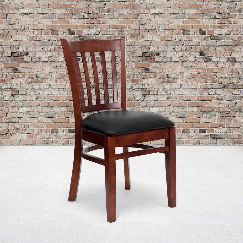 Vertical Slat Back Mahogany Wood Restaurant Chair - Black Vinyl Seat. Picture 5