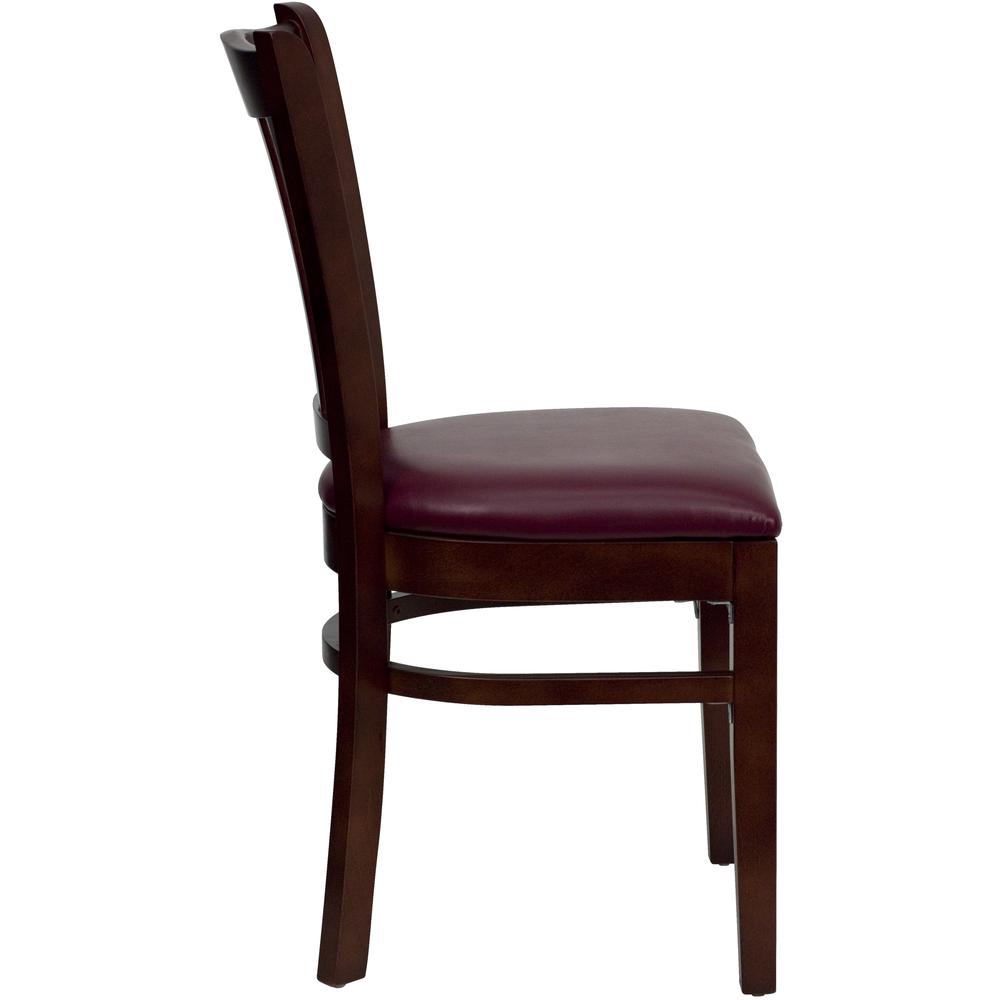 HERCULES Series Vertical Slat Back Mahogany Wood Restaurant Chair - Burgundy Vinyl Seat. Picture 2