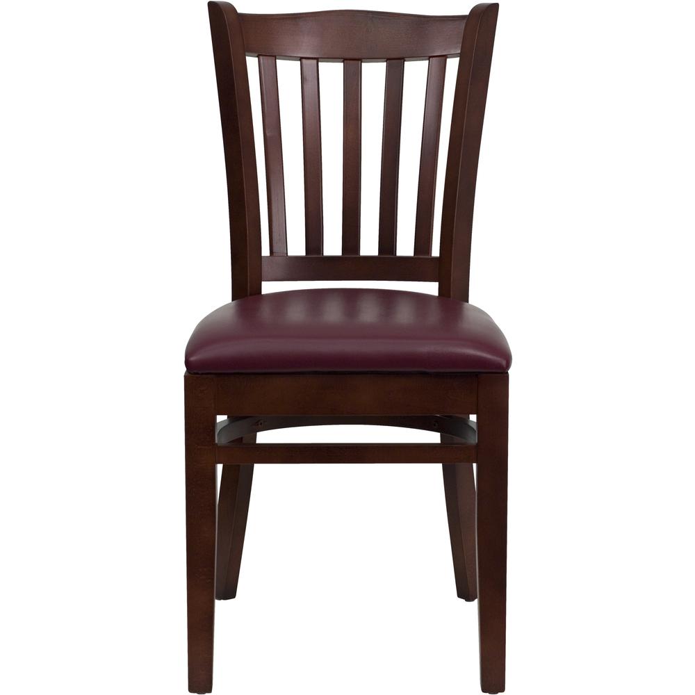 Vertical Slat Back Mahogany Wood Restaurant Chair - Burgundy Vinyl Seat. Picture 4
