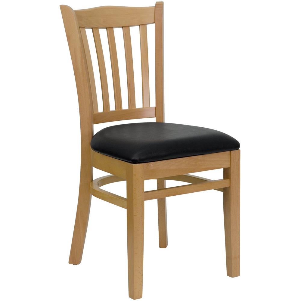 HERCULES Series Vertical Slat Back Natural Wood Restaurant Chair - Black Vinyl Seat. Picture 1