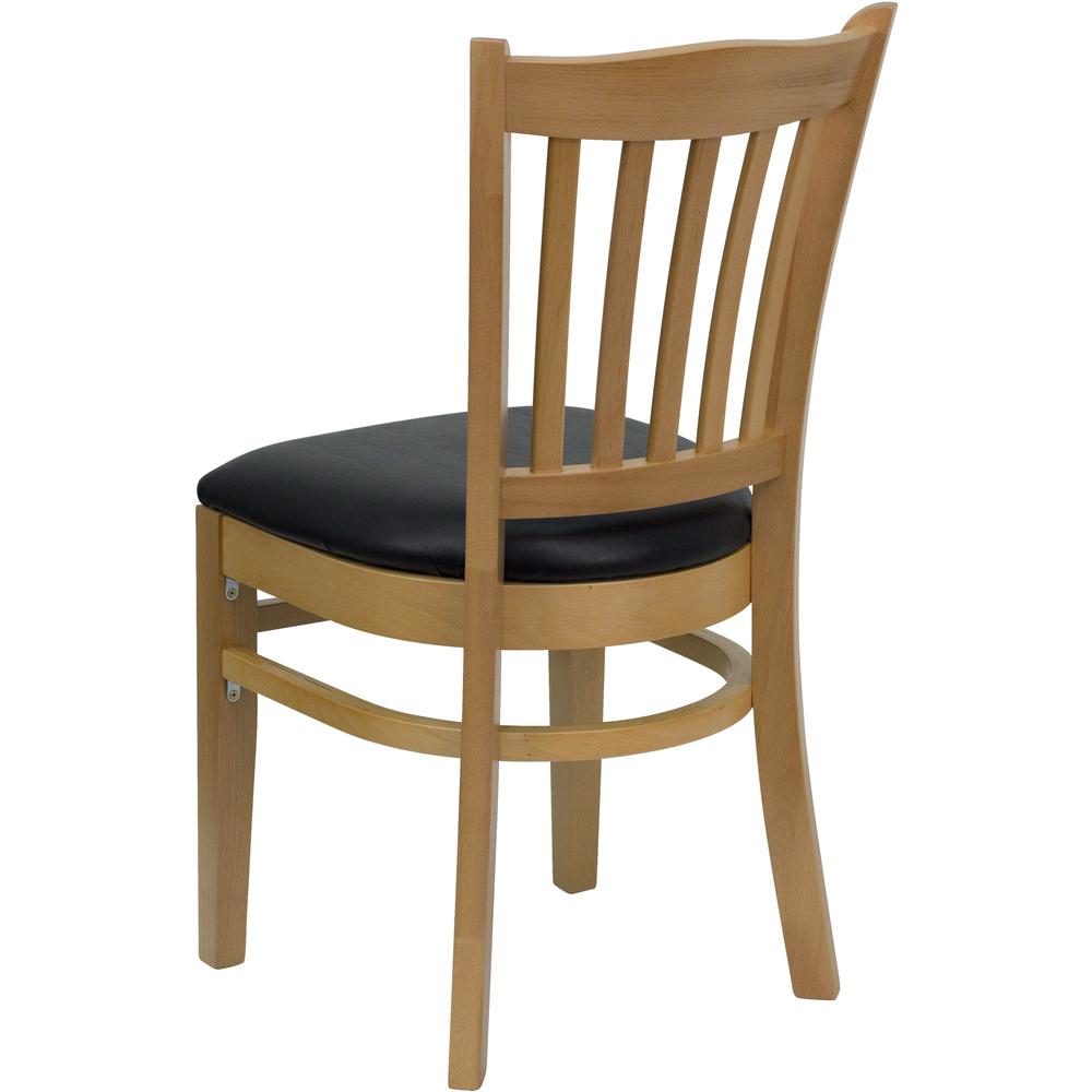 Vertical Slat Back Natural Wood Restaurant Chair - Black Vinyl Seat. Picture 3