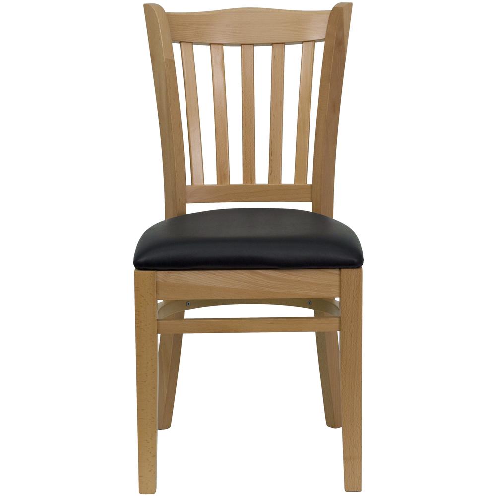 Vertical Slat Back Natural Wood Restaurant Chair - Black Vinyl Seat. Picture 4