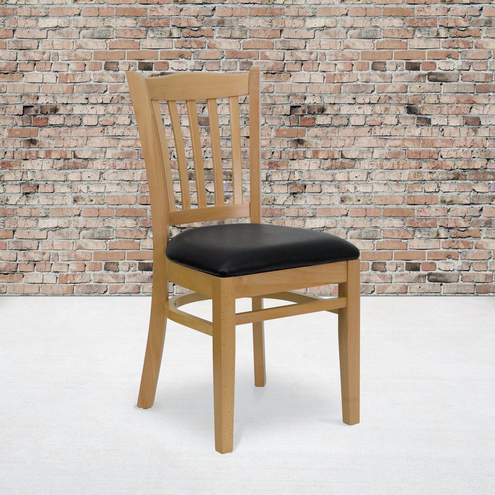 Vertical Slat Back Natural Wood Restaurant Chair - Black Vinyl Seat. Picture 5