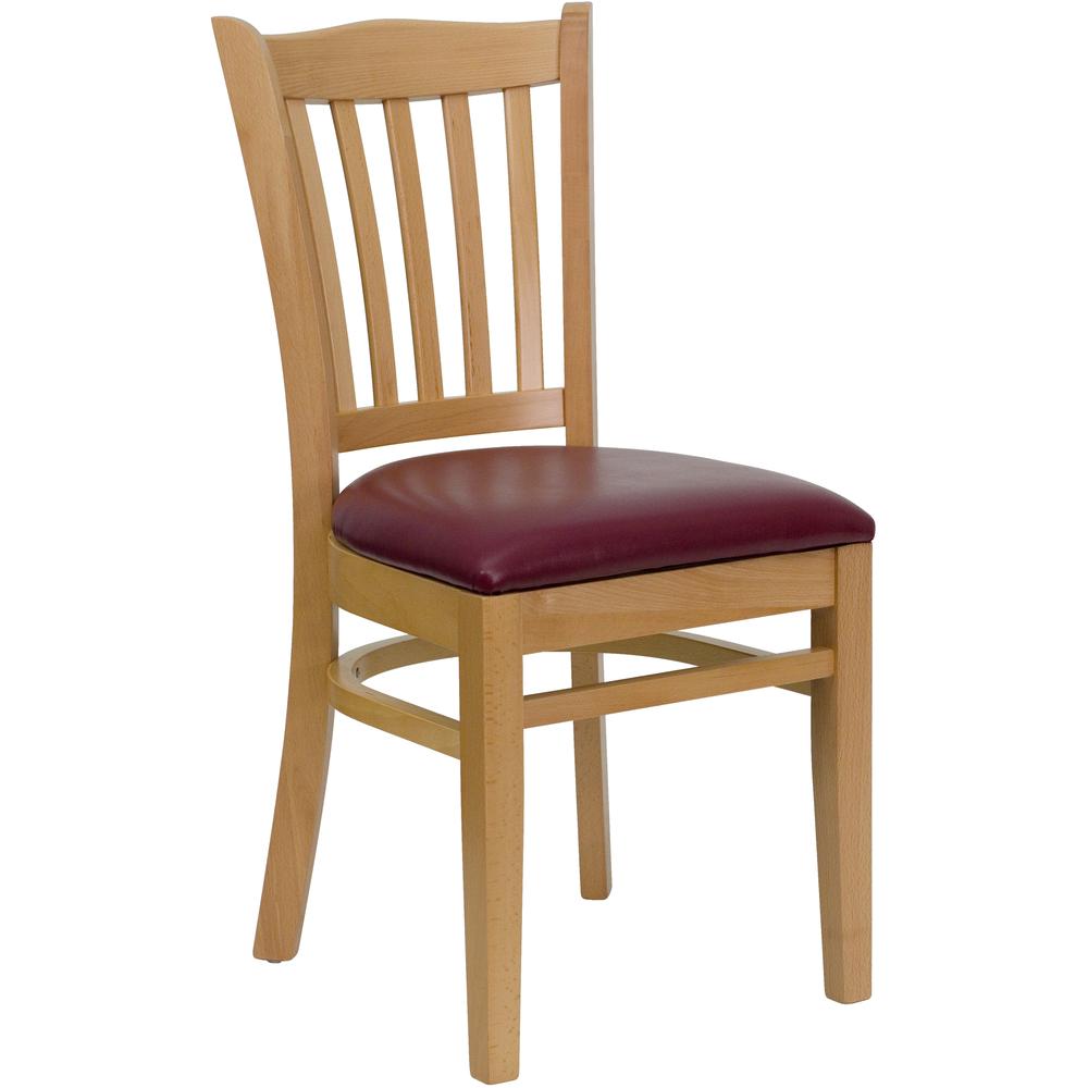 Vertical Slat Back Natural Wood Restaurant Chair - Burgundy Vinyl Seat. Picture 1