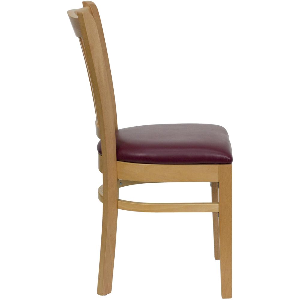 Vertical Slat Back Natural Wood Restaurant Chair - Burgundy Vinyl Seat. Picture 2
