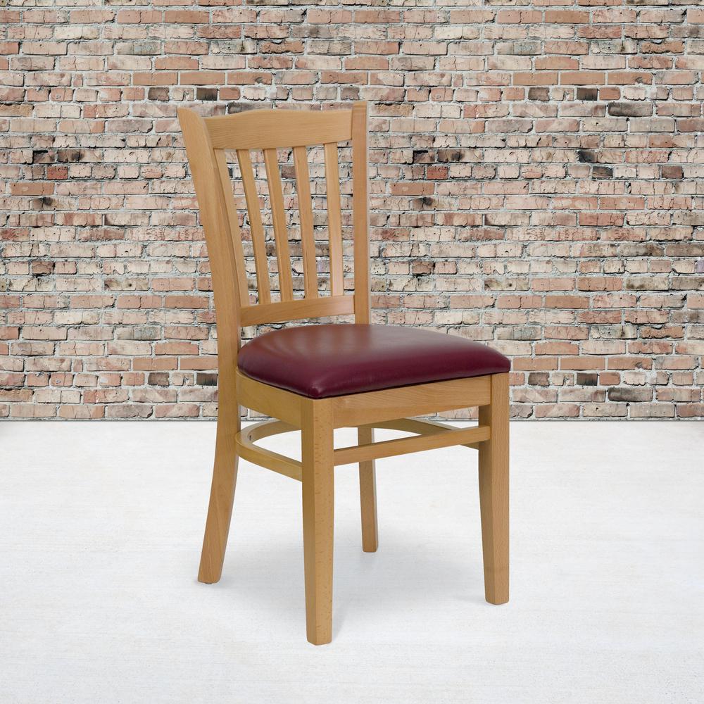 Vertical Slat Back Natural Wood Restaurant Chair - Burgundy Vinyl Seat. Picture 5