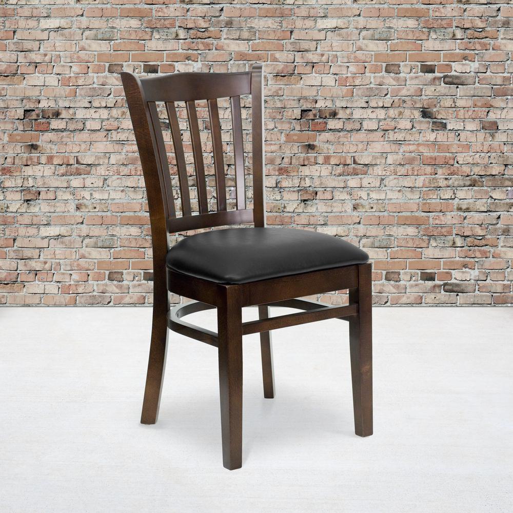 Vertical Slat Back Walnut Wood Restaurant Chair - Black Vinyl Seat. Picture 5