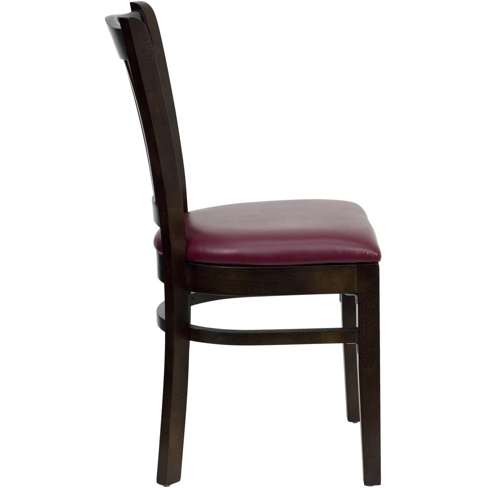 HERCULES Series Vertical Slat Back Walnut Wood Restaurant Chair - Burgundy Vinyl Seat. Picture 2