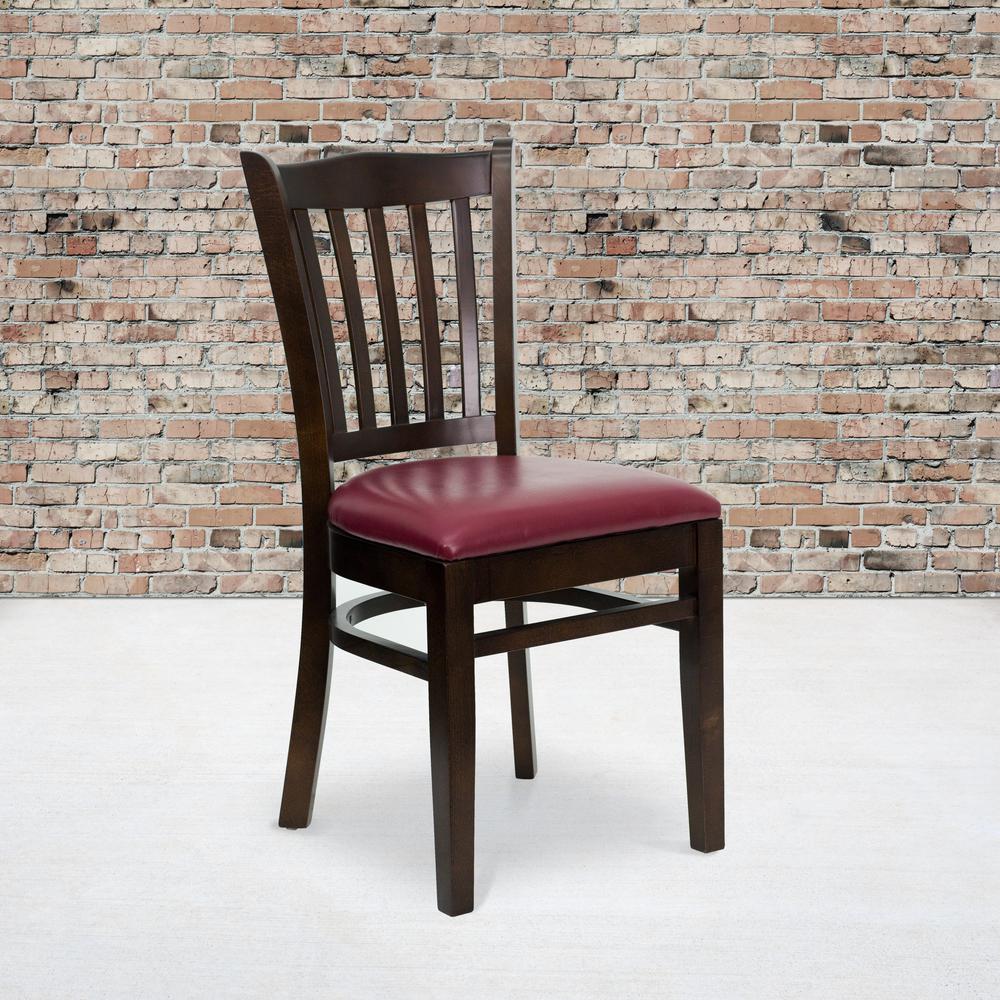 Vertical Slat Back Walnut Wood Restaurant Chair - Burgundy Vinyl Seat. Picture 5