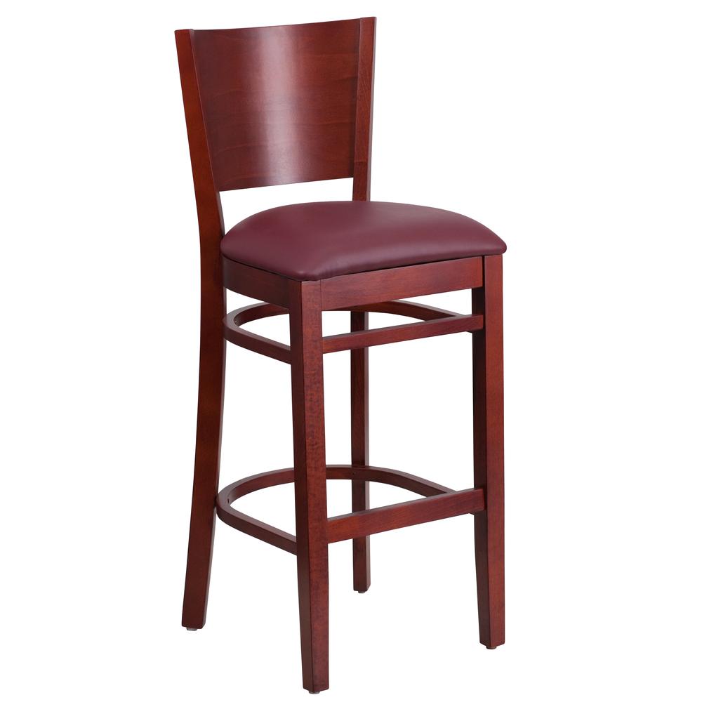 Lacey Series Solid Back Mahogany Wood Restaurant Barstool - Burgundy Vinyl Seat. Picture 1