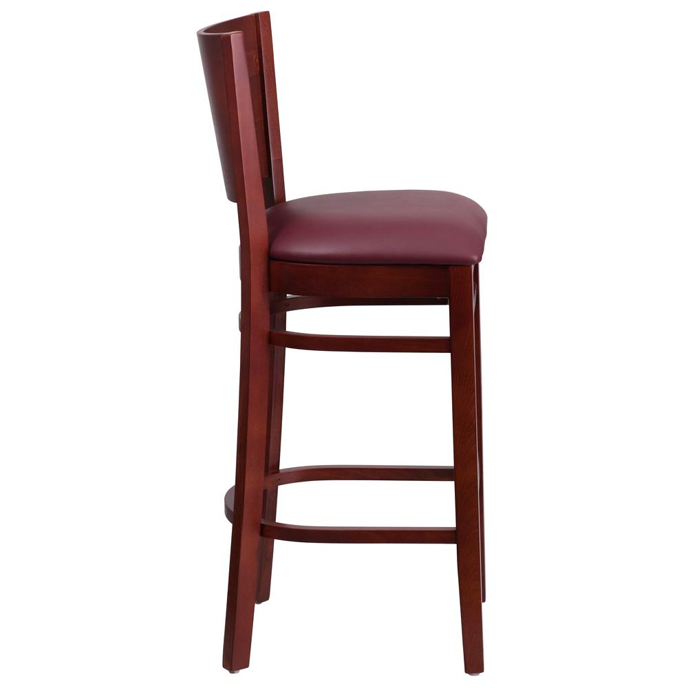Lacey Series Solid Back Mahogany Wood Restaurant Barstool - Burgundy Vinyl Seat. Picture 2