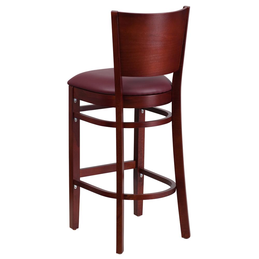 Lacey Series Solid Back Mahogany Wood Restaurant Barstool - Burgundy Vinyl Seat. Picture 3