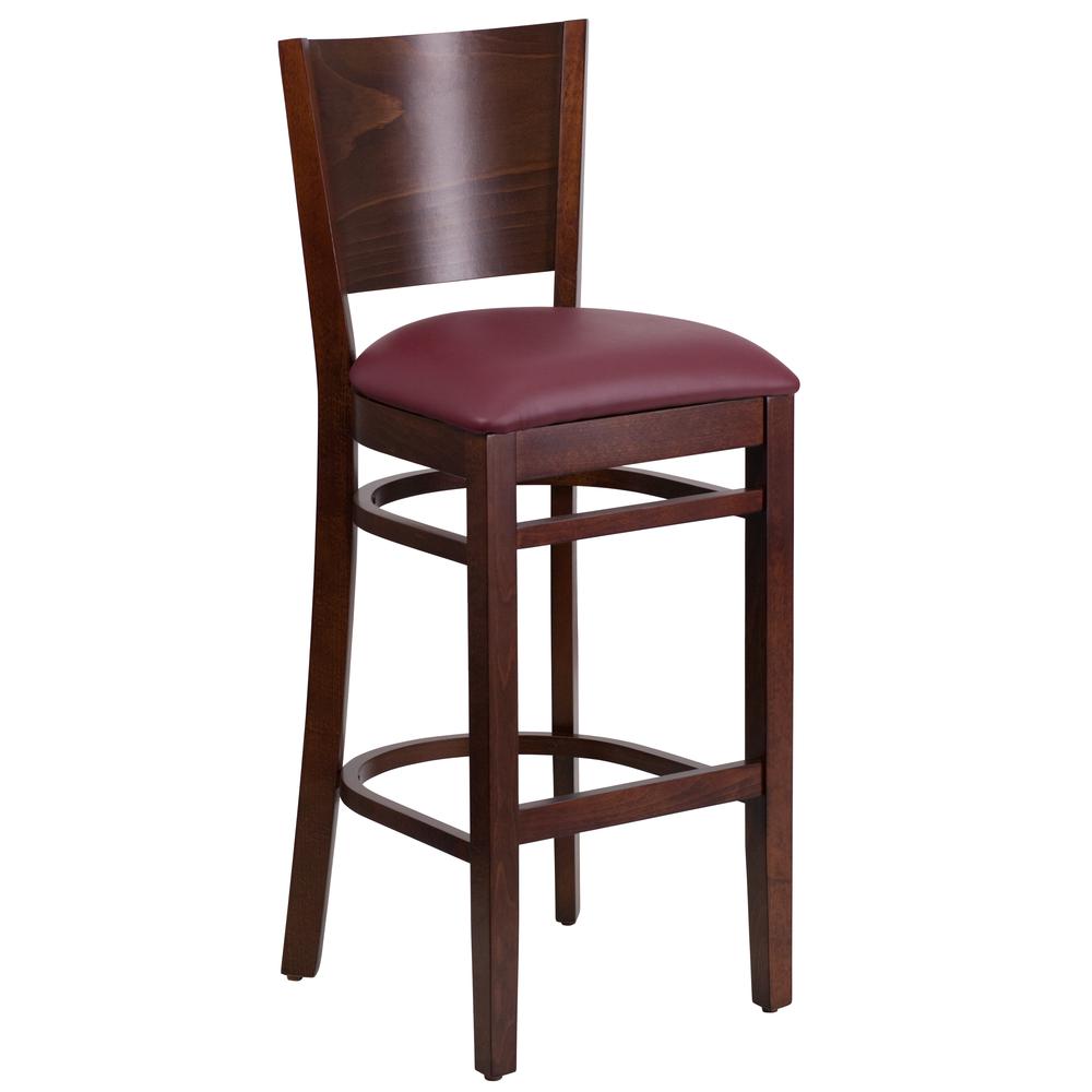 Lacey Series Solid Back Walnut Wood Restaurant Barstool - Burgundy Vinyl Seat. Picture 1