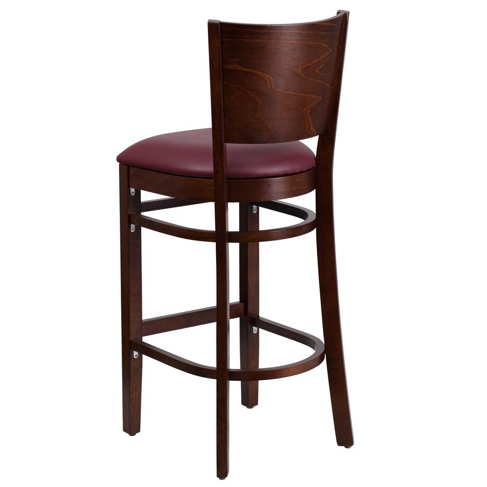 Lacey Series Solid Back Walnut Wood Restaurant Barstool - Burgundy Vinyl Seat. Picture 3
