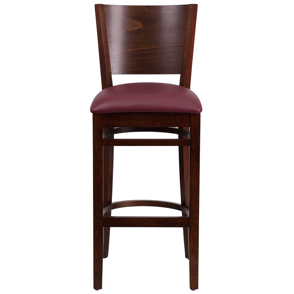 Lacey Series Solid Back Walnut Wood Restaurant Barstool - Burgundy Vinyl Seat. Picture 4