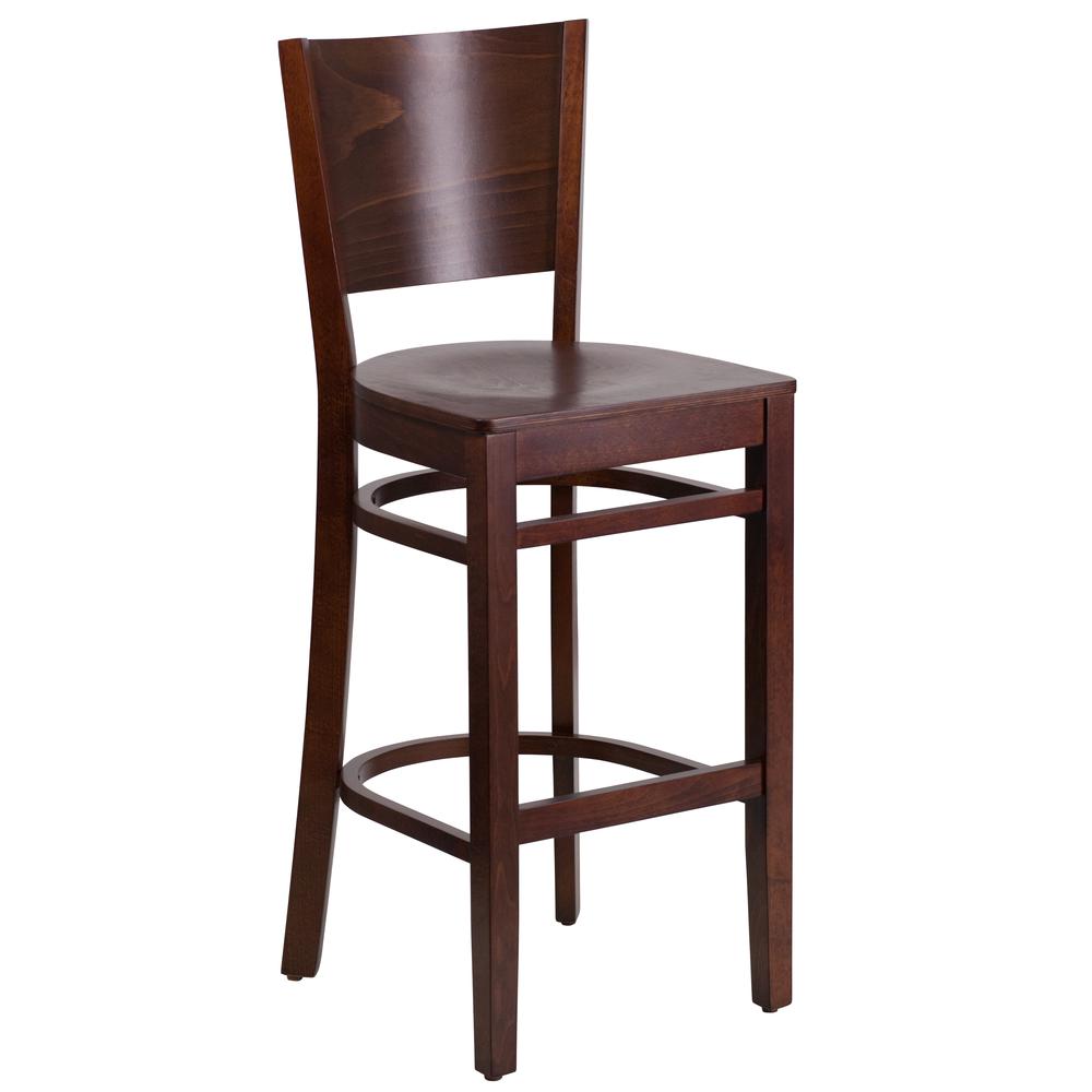 Lacey Series Solid Back Walnut Wood Restaurant Barstool. Picture 1
