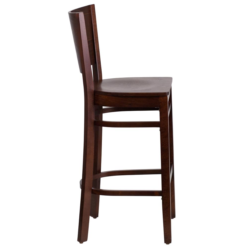 Lacey Series Solid Back Walnut Wood Restaurant Barstool. Picture 2